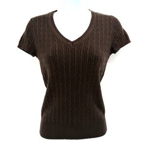 Y2K Gap Stretch Brown Cable Knit Sweater Size S V-Neck Short Sleeve Preppy